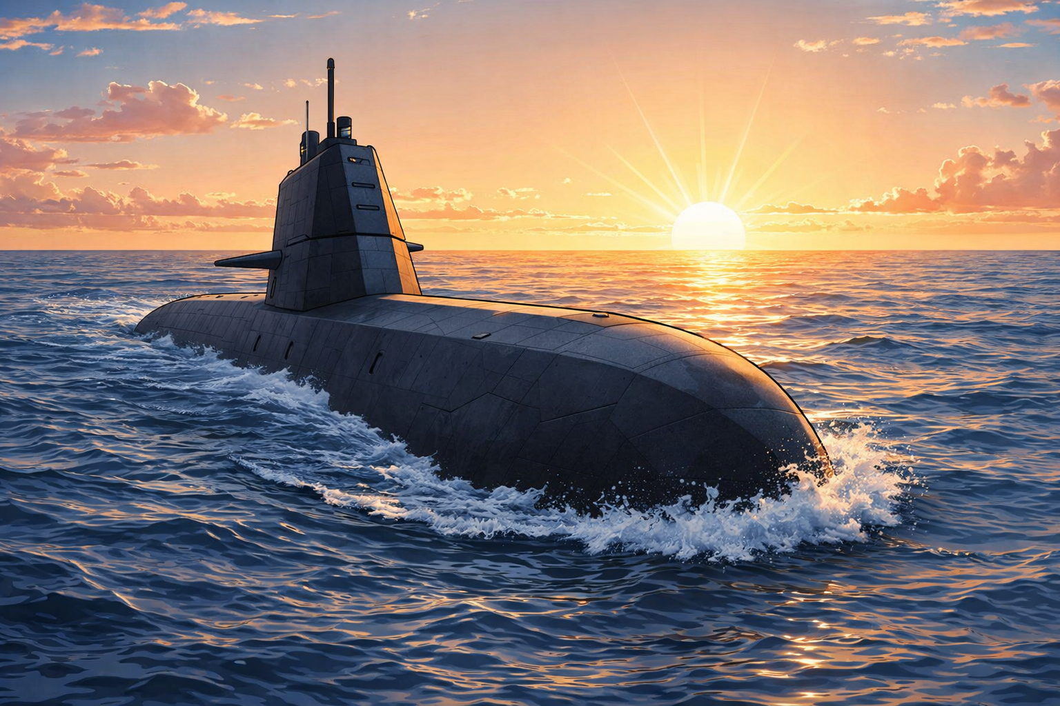 Stealth submarine at sunrise